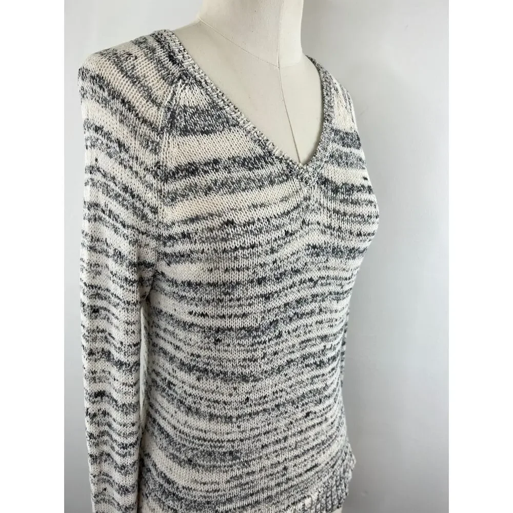 Eileen Fisher Marled White Gray Knit VNeck Long Sleeve Pullover Petite M Medium
